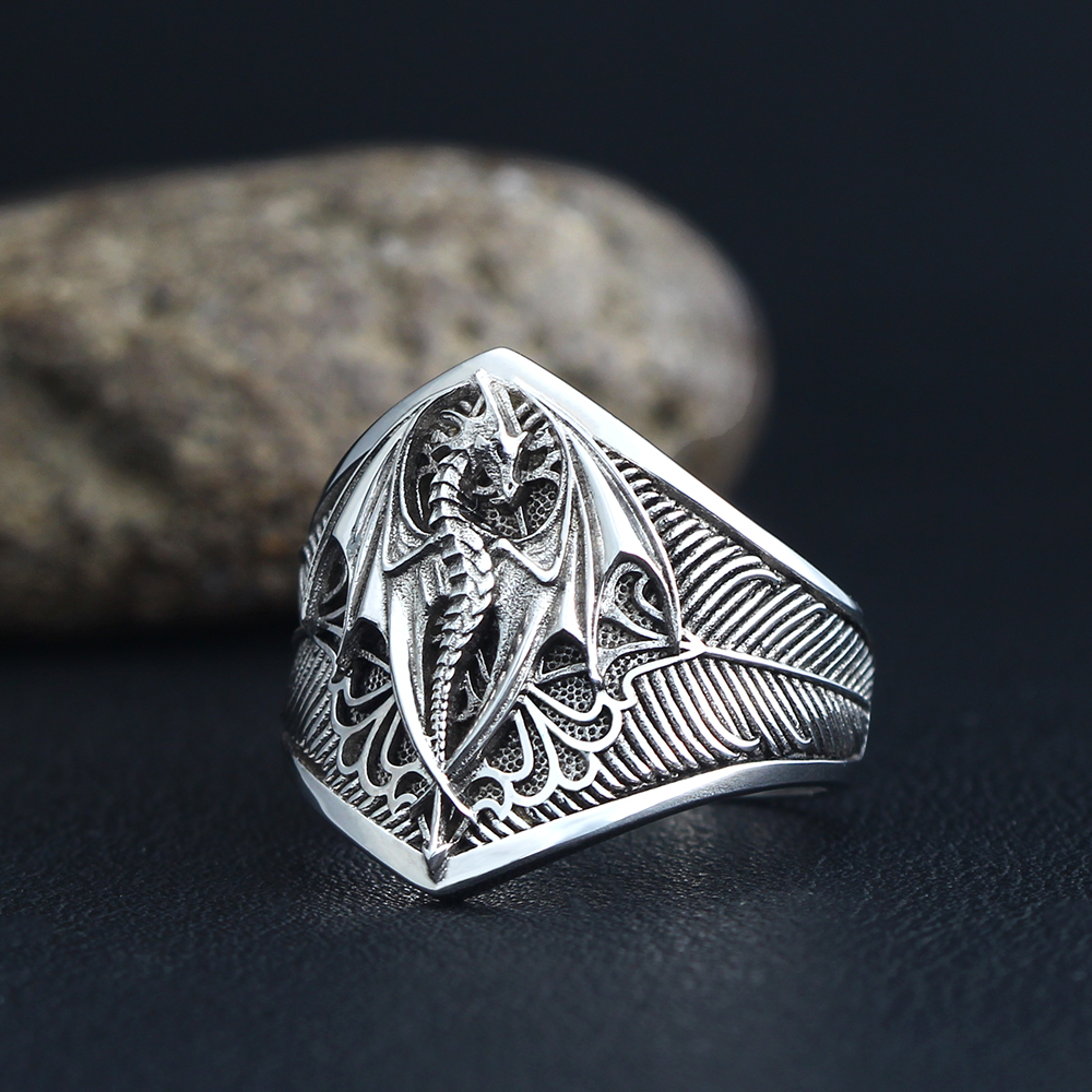 Mens Signet Ring - Flying Dragon Signet Vinking Drachen Signet