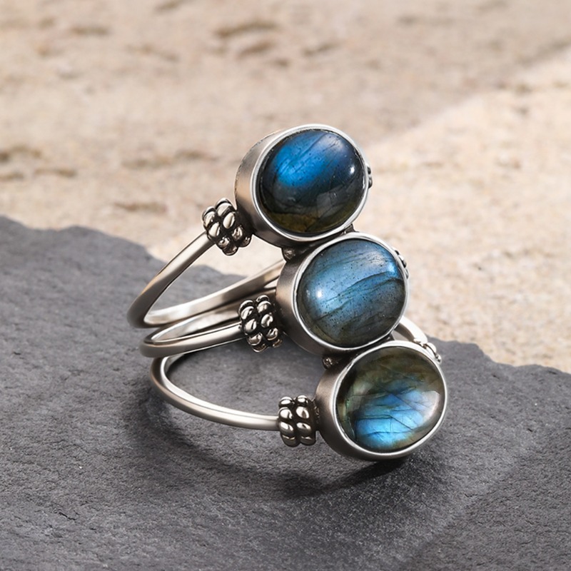 Turquoise Stone Ring - 925 Silver Natural Labradorite/Moonstone Bohemian Ring