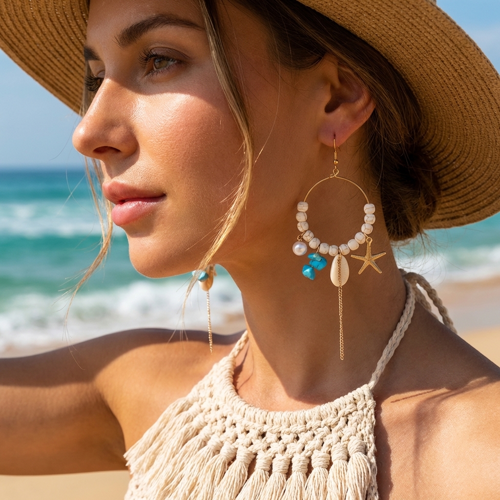 Turquoise Stone Ring - Mermaidcore Ocean Charm Hoop Earrings for