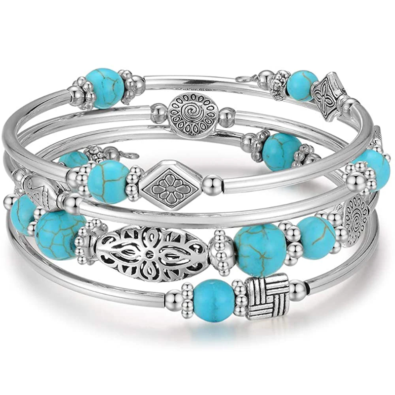 Turquoise Stone Ring - Layered Wrap Bangle Turquoise Bracelet -