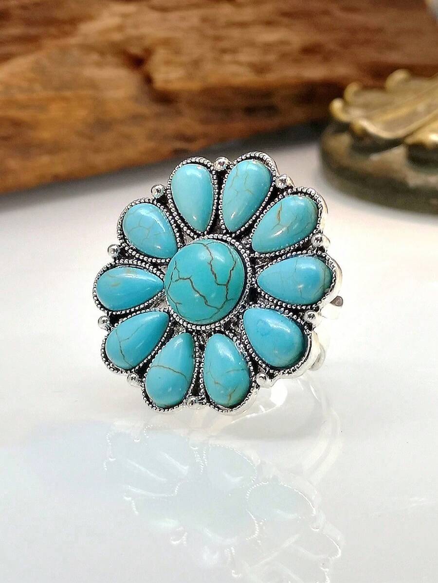 Turquoise Stone Ring - Vintage Turquoise Flower Design Adjustable Ring