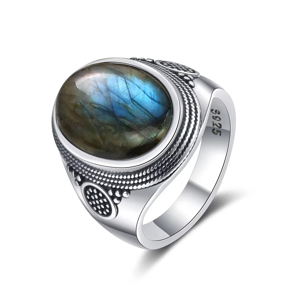 Turquoise Stone Ring - Vintage S925 Sterling Silver 10*14MM Labradorite